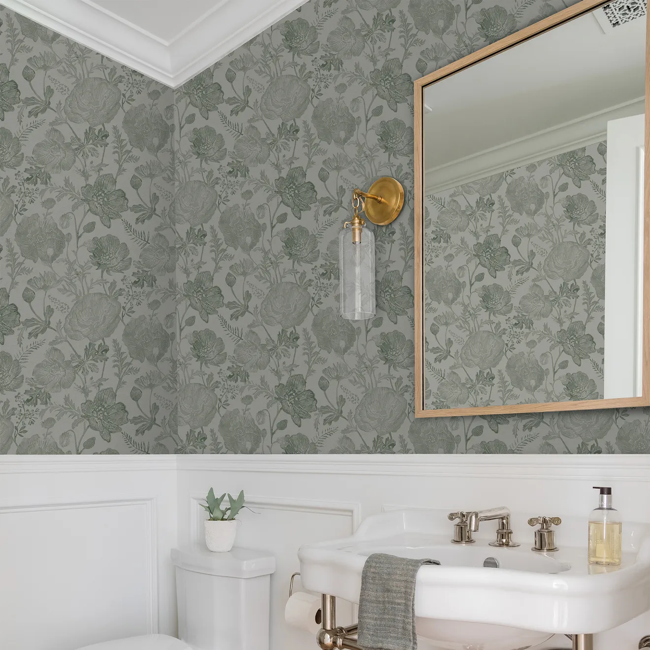 Pure Salt x Tempaper Co: Moss Poppies peel stick wallpaper bathroom