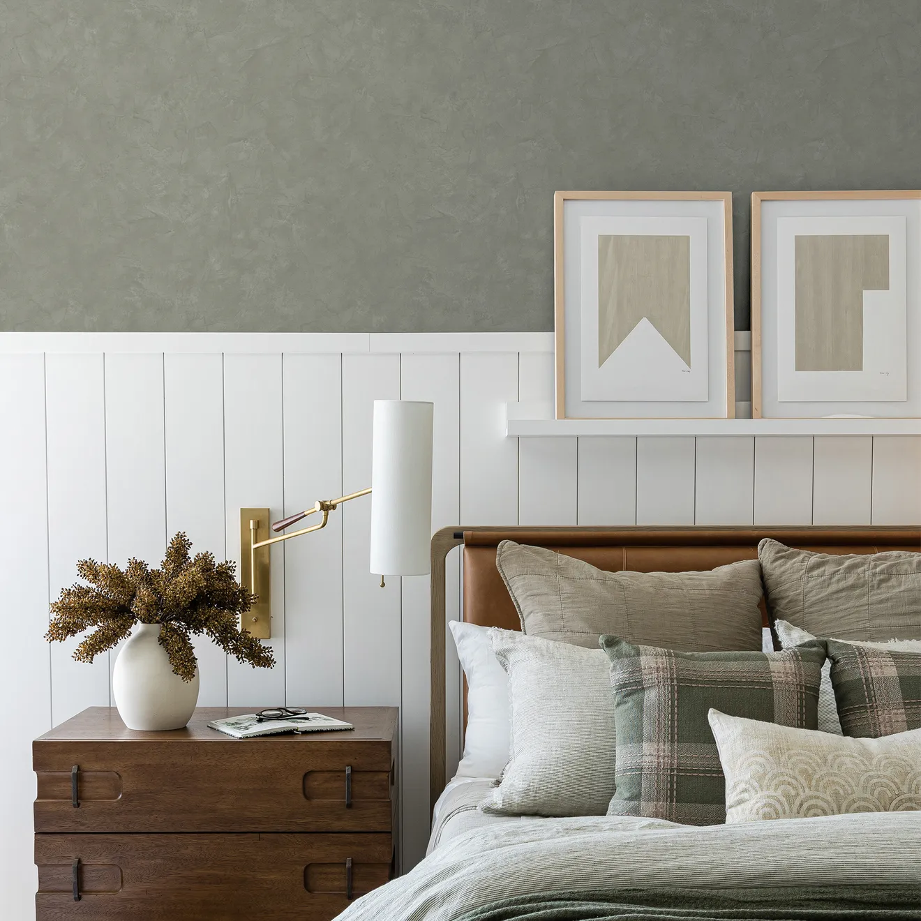 Pure Salt x Tempaper Co: Moss Textured Faux Roman Clay peel stick wallpaper bedroom