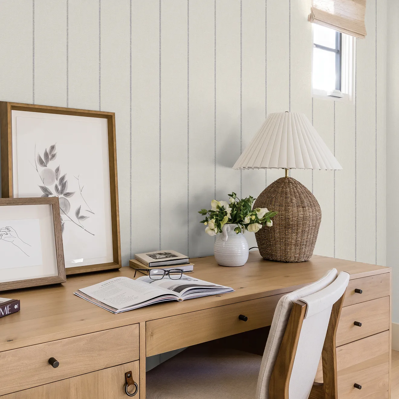 Pure Salt x Tempaper Co: Navy Bursa Stripe peel stick wallpaper desk