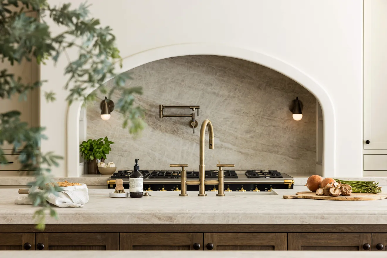 California Ranch house with large kitchen island and wood cabinetry