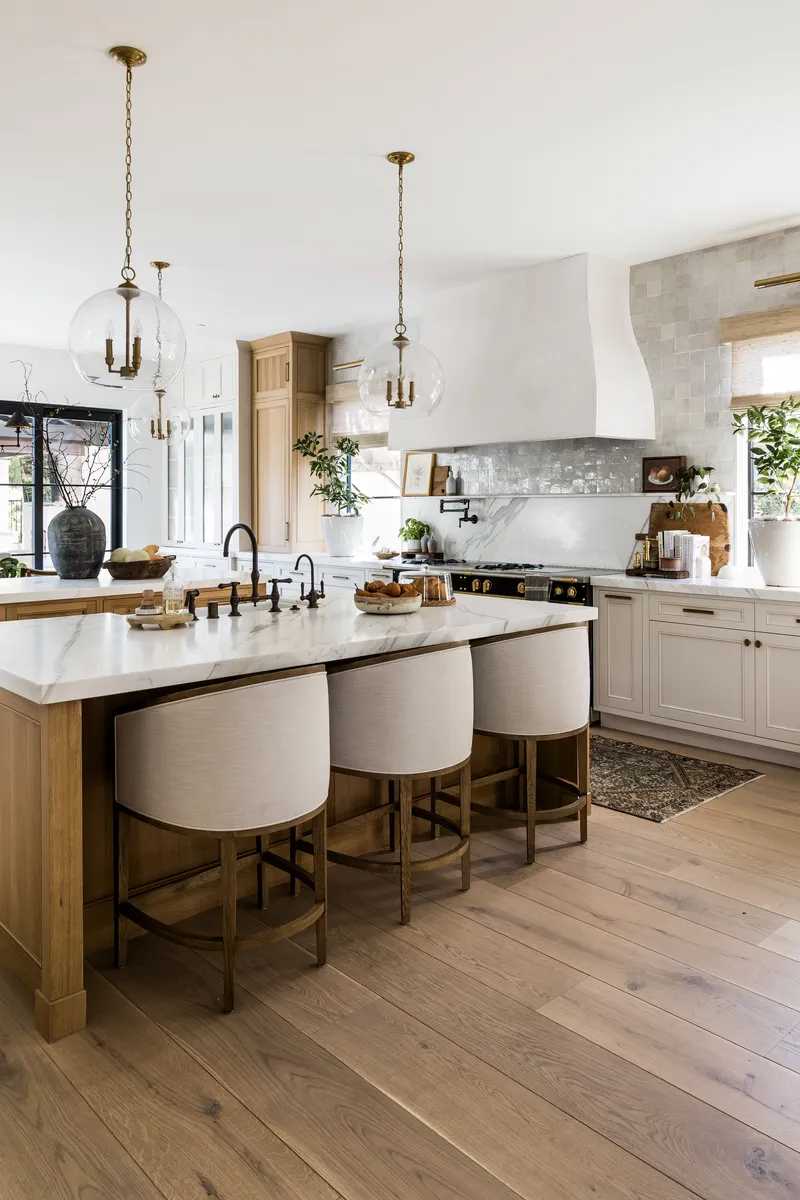 Kitchen island seating and lighting in Shady Canyon