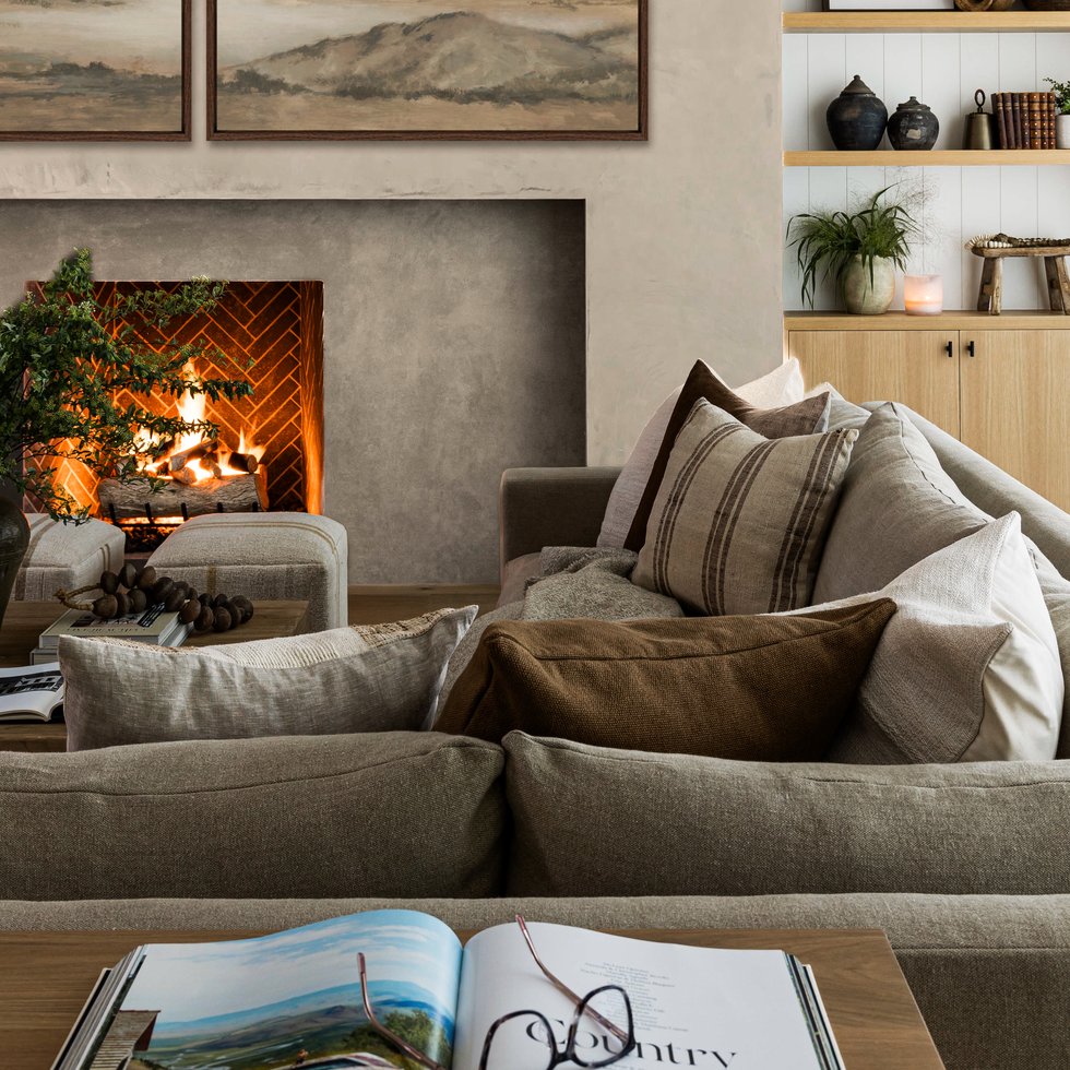 Living room with fireplace in Newport Harbor
