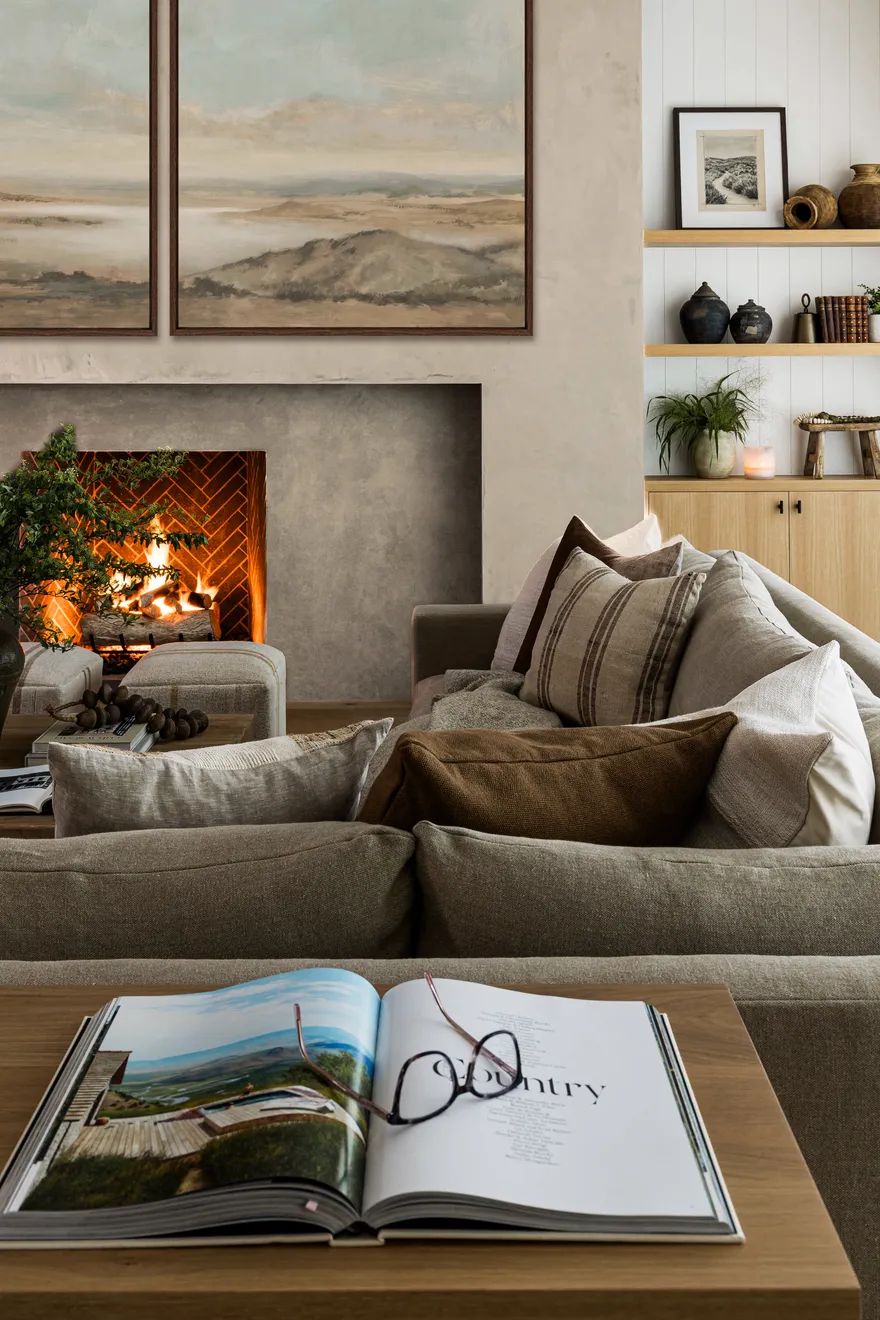 Living room with fireplace in Newport Harbor