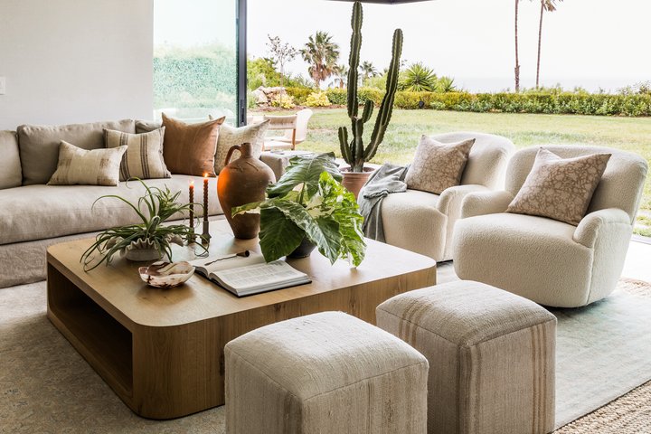 Living room seating in Malibu