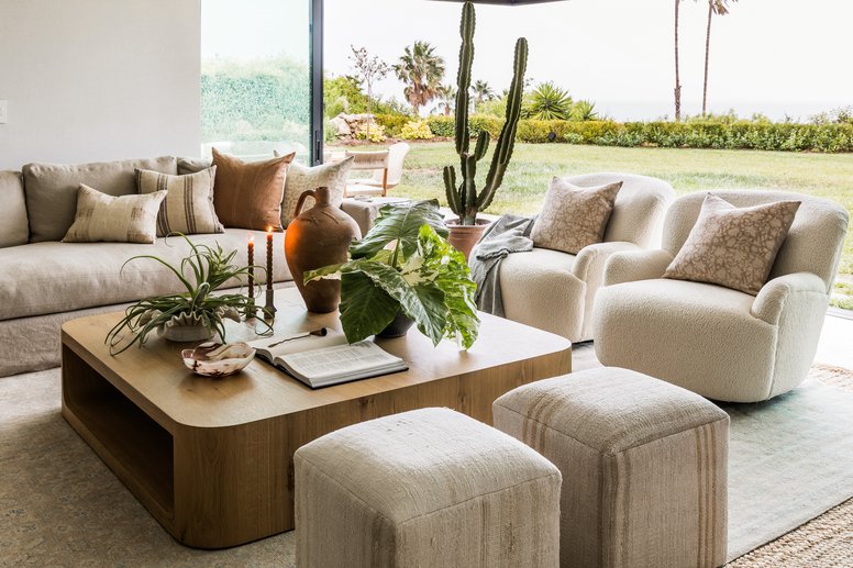 Living room seating in Malibu